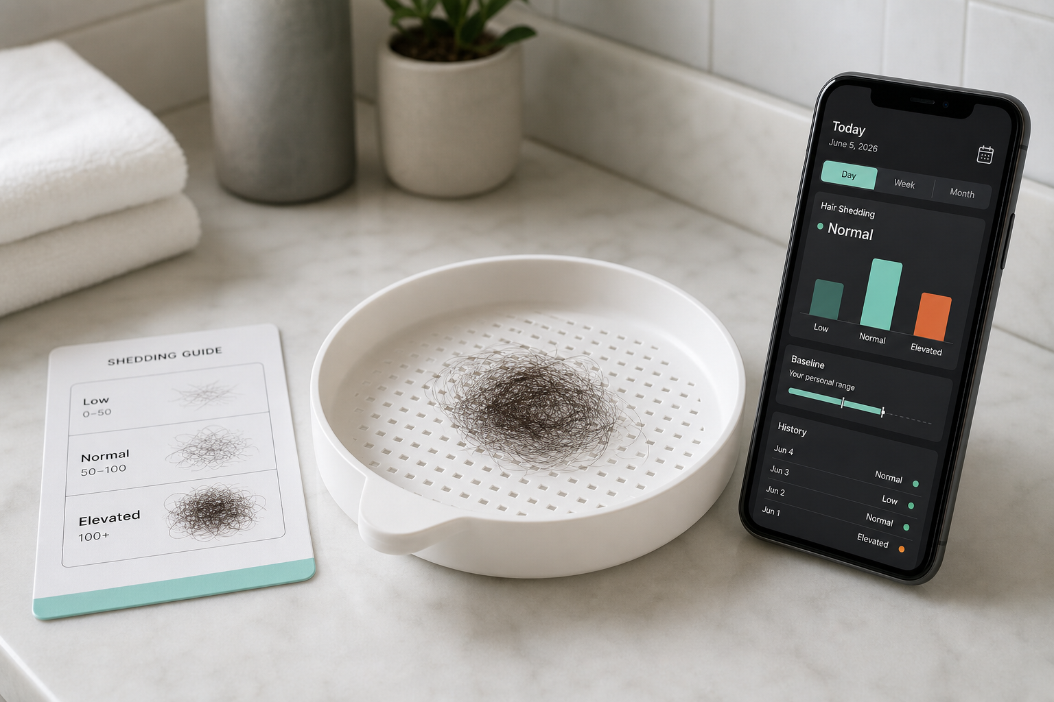 Concept mockup of a white hair collection tray next to a phone showing a baseline tracker.